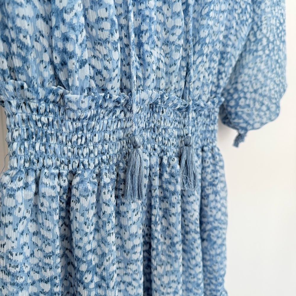 Lovestitch Sheer Floral Bishop Sleeve Ruffle Tier Mini Dress Light Blue Size S - Picture 3 of 12